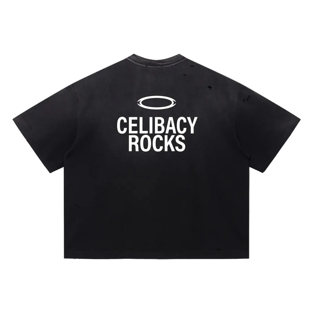 Celibacy Rocks Oversized Distressed Tee – Funny Gift for Single People | Sarcastic Humor Shirt
