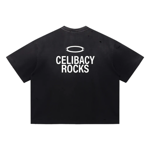 Celibacy Rocks Oversized Distressed Tee – Funny Gift for Single People | Sarcastic Humor Shirt